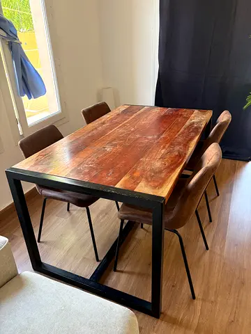 Solid Wood Dining Table with Metal Frame and 4 Chairs