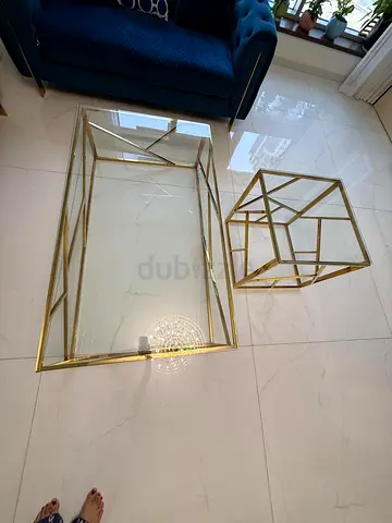 Glass Top Gold Metal Coffee Table and Side Table Set - Modern Geometric Design
