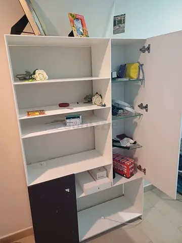 White modular shelving unit with cabinet and drawers - good condition