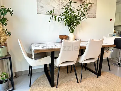 Solid Wood Dining Table with Metal Legs - Modern Industrial with picture and carpet!