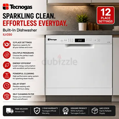 Tecnogas Built-In Dishwasher – 12 Place Settings Multiple Programs Energy Efficient ILV250 (White)