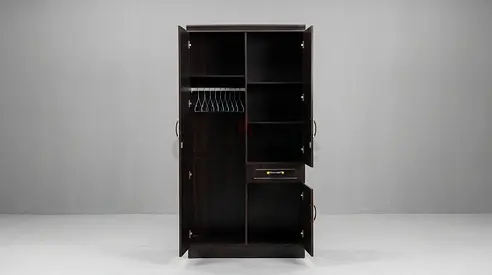 Dark Wood 3-Door Wardrobe / Armoire with Shelves and Drawer