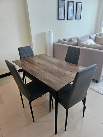 Wooden Dining Table with 4 Grey Leather Chairs - Good Condition