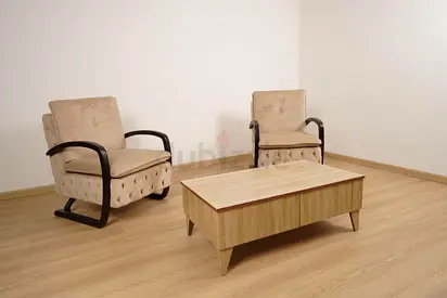 Pair of beige lounge armchairs with wooden coffee table - set