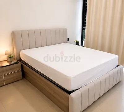Modern Upholstered Double Bed with Storage - Light Beige + high quality mattress