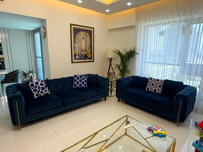 Set of 2 Navy Blue Velvet Chesterfield Sofas - Excellent Condition - Original Price AED 6000