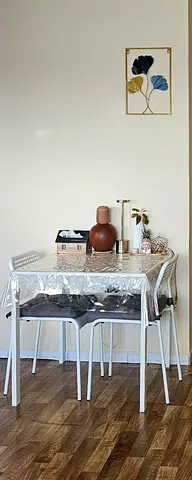 Compact 4-Piece Dining Table with Chairs — White Metal Frame, Glass Top