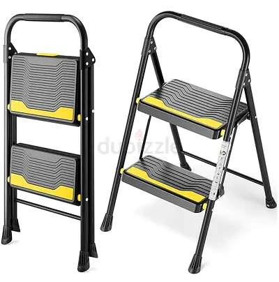 2-step Folding Step Stool / Lightweight Home Step Ladder - Black  Yellow (150 kg Capacity)