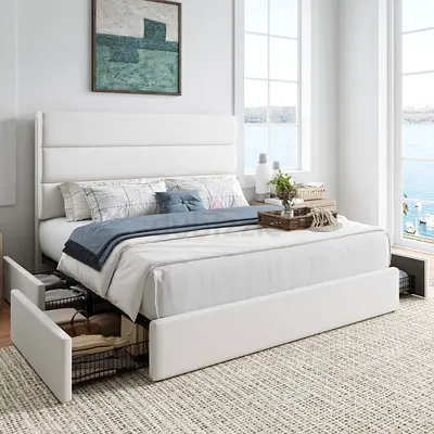 Cream velvet 4 drawers queen bed