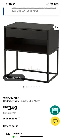 VIKHAMMER Black Bedside Table - 60x39 cm, Good Condition