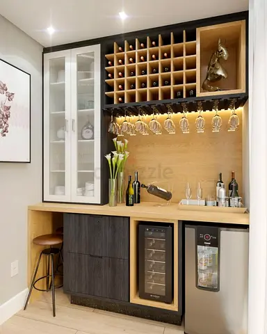 Compact Home Bar Cabinet with Wine Rack, Glass Hanger and Mini Fridge
