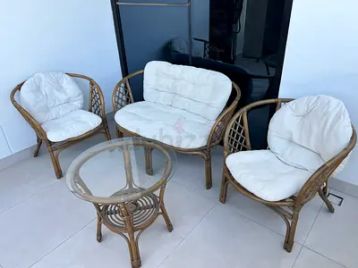Rattan 4-piece Patio Seating Set with Cushions (2 Chairs, Loveseat, Glass Table)