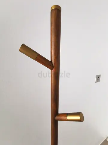 West Elm Wooden freestanding coat rack with brass accents