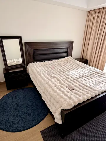 Bedroom Set - King Bed (180×200), Mattress, 2 x Side Tables, Mirror - Solid Dark Wood