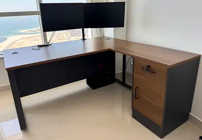 L-shaped Office Desk with Storage Cabinet - Wood Finish