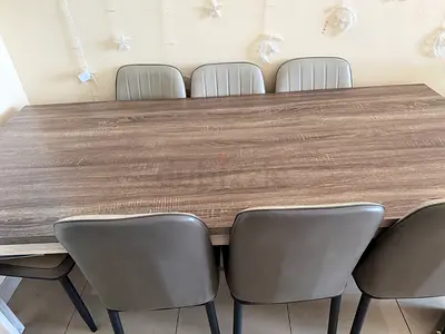 Modern Wooden Dining Set with Six Grey Chairs