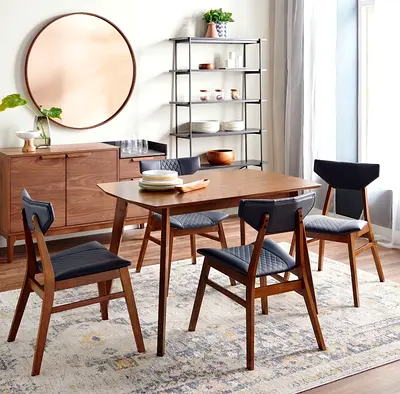 Mid-century Wooden Dining Table with 3 Upholstered Chairs - Walnut Finish (Gently Used)