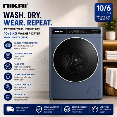 Nikai 10/6 kg Washer Dryer – 1400 RPM BLDC Inverter 18 Programs Touch Control NWM1106FDS (Blue)