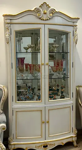 Elegant White and Gold Glass Display Cabinet