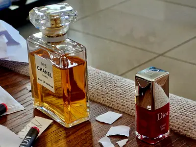 Chanel No.5 Eau de Parfum bottle N°5, Dior nail polish ROUGE 999