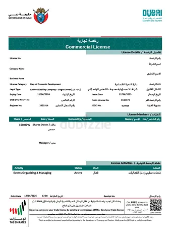 Dubai Commercial License - Events Organizing  Managing (Active)