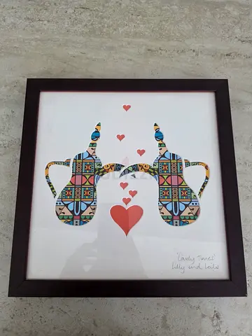 Framed Decorative Print with Patterned Teapots and Hearts