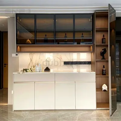 Modern built-in kitchen cabinet with glass upper doors and display shelving