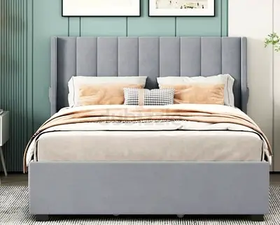 Grey Upholstered Double Bed with Headboard - Modern Design