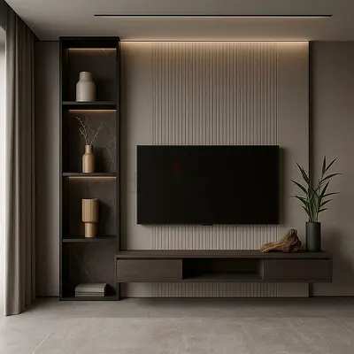 Modern Minimalist Entertainment Center with Floating Console and Shelving