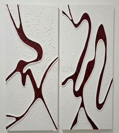 Set of 2 Abstract Red  White Wall Panels – Resin  Textured Canvas Art 70×90