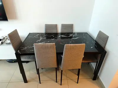 Black glass-Top Dining Table with 6 Grey Chairs