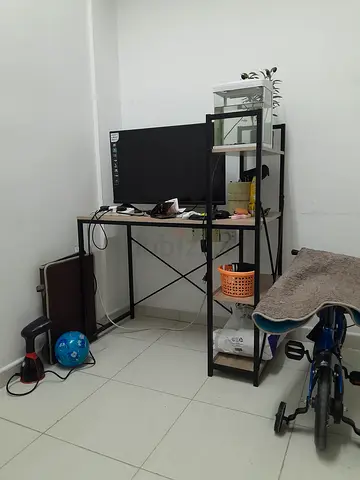 Black Metal Frame Computer Desk with Overhead Shelves - Good Condition