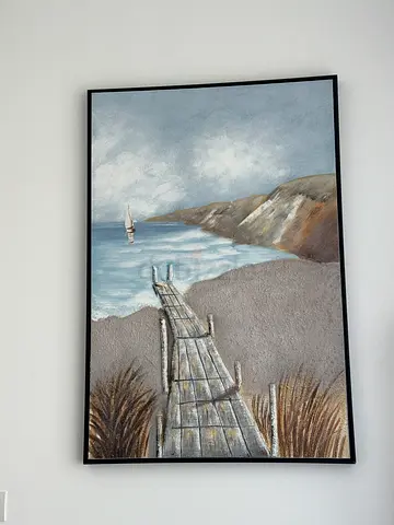 Framed Seascape Painting with Pier and Lighthouse - Ready to Hang
