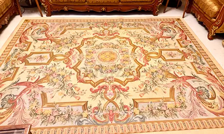 Large Vintage Aubusson-Style Floral Area Rug - Excellent Used Condition