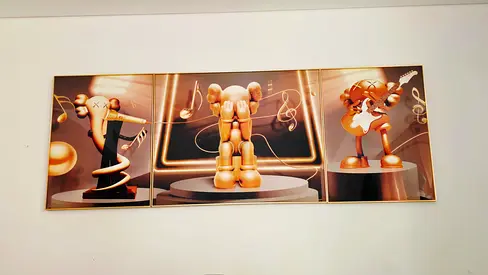 Three-Panel Contemporary Pop Art Canvas Set (Golden KAWS-style Figures)