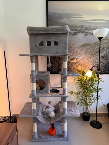 Large Grey Multi-Level Cat Tree with Condo and Scratching Posts
