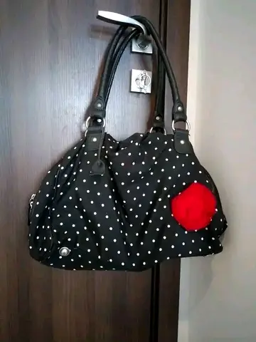Black Polka Dot Shoulder Bag with Red Rose Accent - very Good Condition