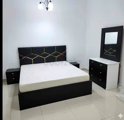 Modern Black Queen size Bed with, Two Nightstands and Dresser with Mirror