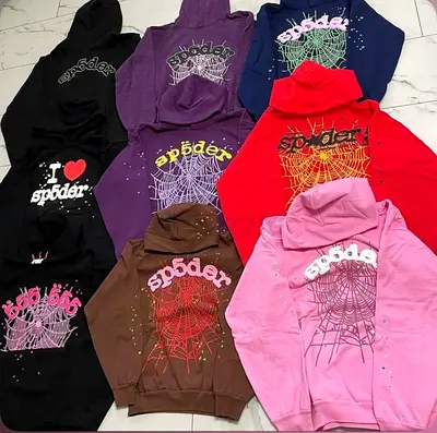 Lot of 9 Spider  graphic hoodies assorted colors, size unknown