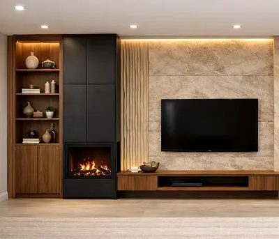 Modern built-in entertainment unit with fireplace and shelving