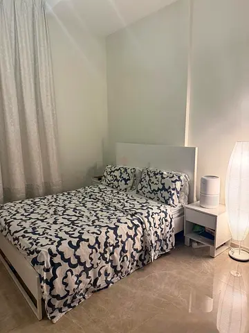 Danube White Queen size Bed Frame with Headboard two side tables and standing lamp