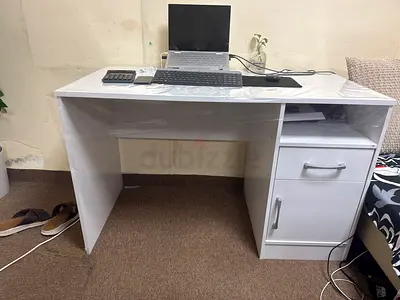 White Office Study Desk with Drawer and Cabinet