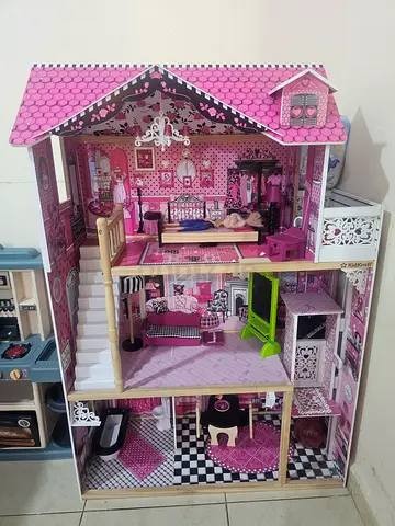 Large Pink Wooden Dollhouse with Furniture