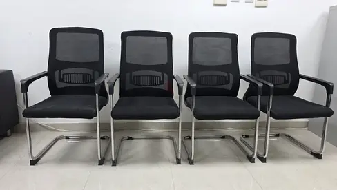 Set of 4 Black Mesh Visitor Chairs with Chrome Sled Base - Good Condition