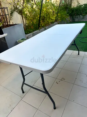 White Folding Plastic Table with Metal Legs — Good Condition