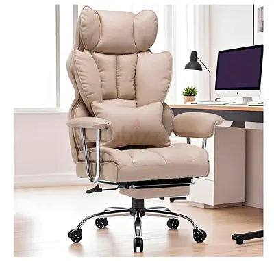 Beige Reclining Executive Office Chair with Footrest