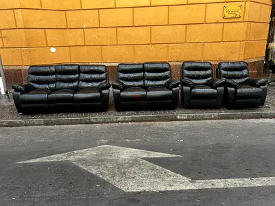 Black Leather Recliner Sofa Set - 3-seater + 2-seat + 2 Recliners (Good Condition)