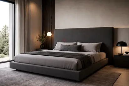 Modern upholstered king-size platform bed with headboard - grey