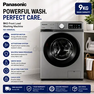 Panasonic 9kg Front Load Washing Machine – 1400 RPM Inverter Motor Abaya Wash ActiveFoam NA-149MG4L