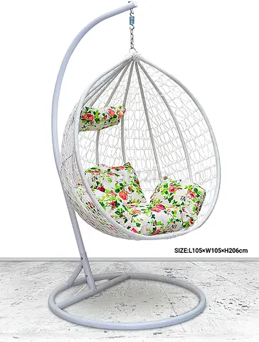 White Hanging Egg Chair with Floral Cushions and Stand